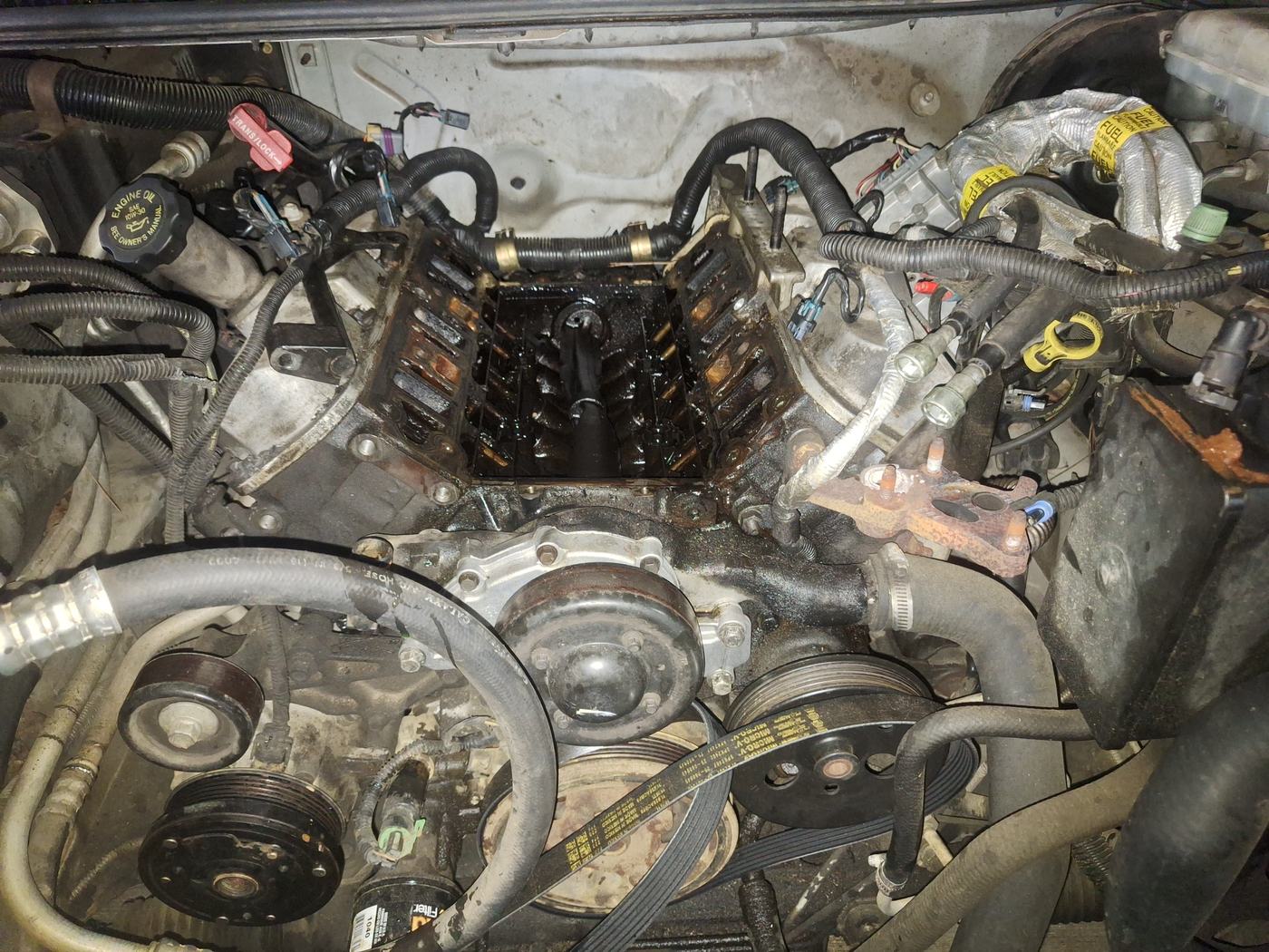 Camaro engine torn down for an intake gasket job